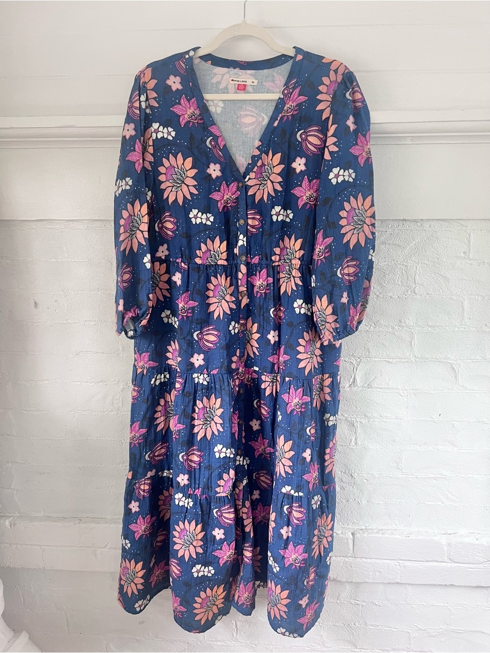 Marine Layer Willow Midi Dress in Floral Batik Blue Pink Natural Fiber Size XL - Picture 11 of 16